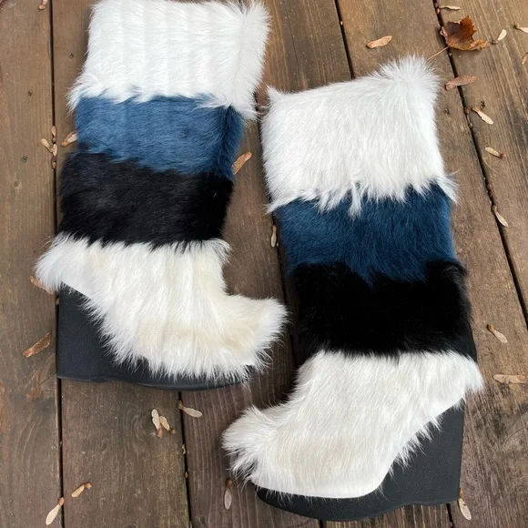 Frye X Anna Sui 2015 Colorblock Goat Fur Wedge Runway Boots EUC Size 8.5